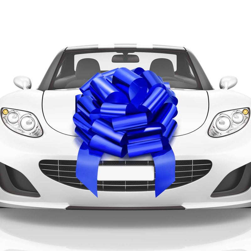 Mata1-USA - Huge Car Bow - Blue, 18 Inch - Big Gift Wrapping Bow for Large Gift Decoration - Giant Size for Indoor & Outdoor Use - 20 Loops & 4 Stickers - No Magnets That Scratch - Image 1